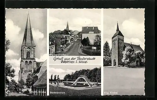 AK Ochtrup i. Westf., Weinerstrasse, Badeanstalt und Kirchen