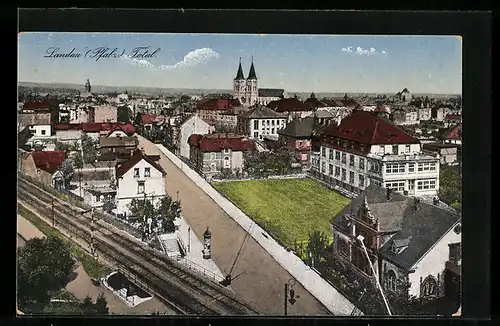 AK Landau in der Pfalz, Totalansicht mit der Bahnstrecke im Vordergrund