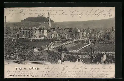 AK Tuttlingen, Totalansicht mit Flusspartie und Kirche