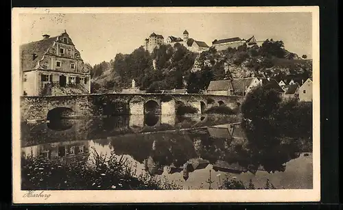 AK Harburg in Schwaben, an der alten Brücke unter dem Schloss