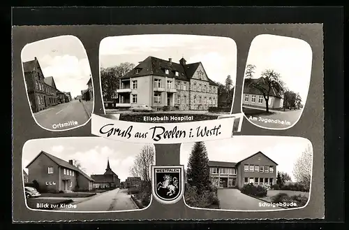 AK Beelen in Westf., Ortsmitte, Blick zur Kirche, am Jugendheim, Schulgebäude