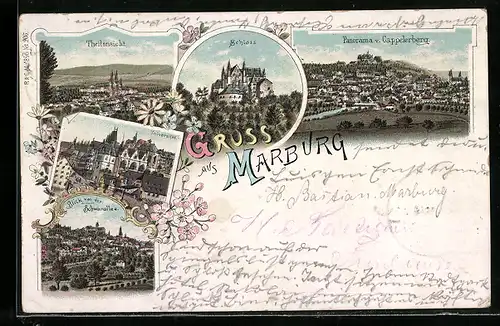 Lithographie Marburg, Schloss, Universität und Panorama vom Cappelerberg