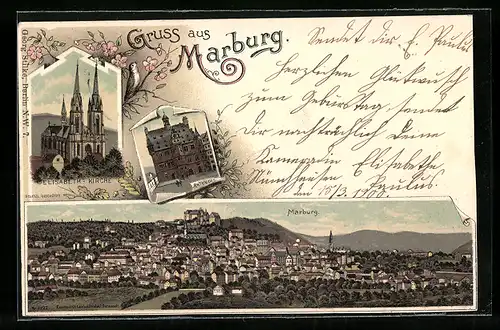 Lithographie Marburg, Elisabeth-Kirche, Rathaus, Panorama