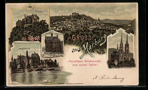 Lithographie Marburg, Schloss, Elisabeth-Kirche und Universität