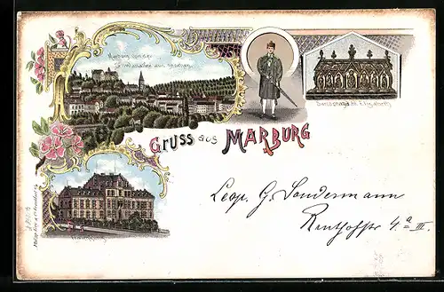 Lithographie Marburg, Sarcopharg d. hl. Elisabeth, Frauenklinik und Ortsansicht von der Schwanallee aus gesehen