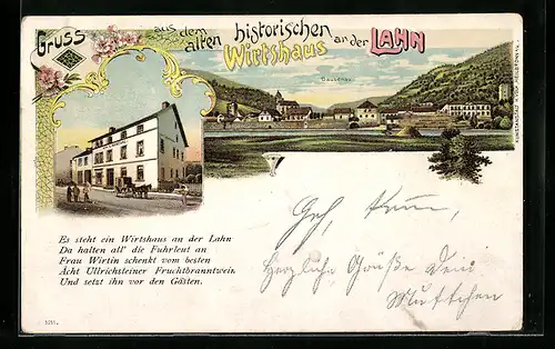 Lithographie Dausenau /Lahn, Gasthaus zum Lahntal, Teilansicht