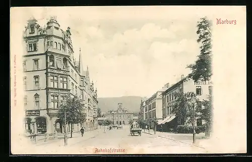 AK Marburg, Bahnhofstrasse mit Hotel
