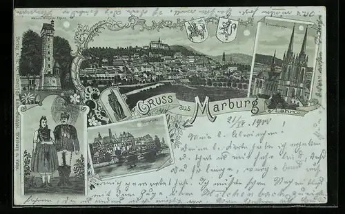 Mondschein-Lithographie Marburg /Lahn, Kaiser-Wilhelm-Turm, Elisabethkirche und Paar in Tracht