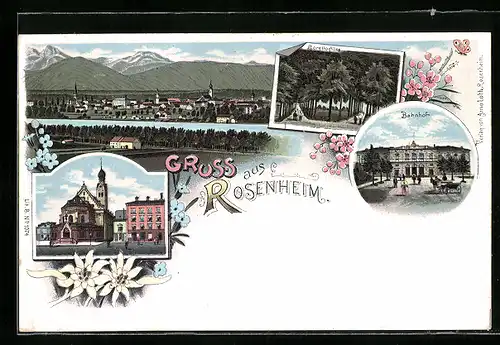 Lithographie Rosenheim, Loretto-Allee und Bahnhof