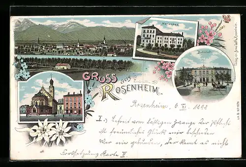 Lithographie Rosenheim, Marienbad, Bahnhof und Panorama