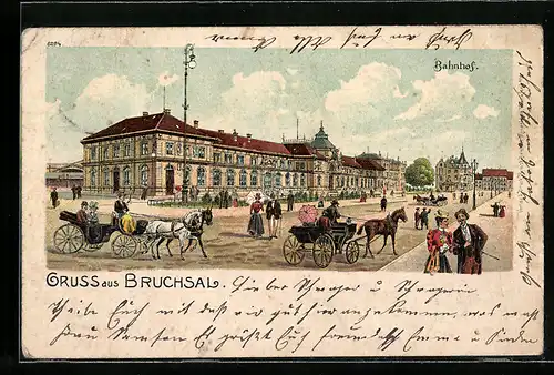 Lithographie Bruchsal, Kutschen und Passanten vor dem Bahnhof