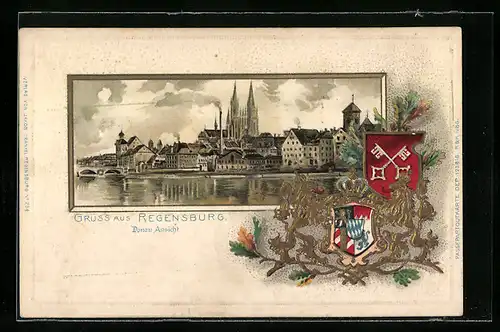 Passepartout-Lithographie Regensburg, Ansicht der Stadt von der Donau aus, Wappen