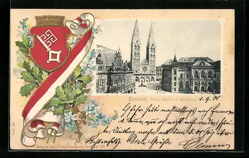 Passepartout-Lithographie Bremen, Dom, Börse und Rathaus, Wappen