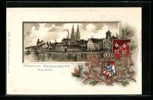 Passepartout-Lithographie Regensburg, Ansicht der Stadt von der Donau aus, Wappen