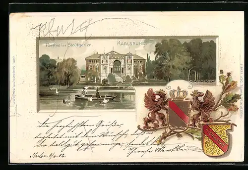Passepartout-Lithographie Karlsruhe, Partgie im Stadtgarten und Wappen