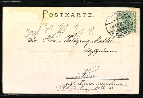 Passepartout-Lithographie Karlsruhe, Partgie im Stadtgarten und Wappen