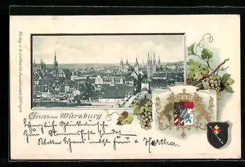 Passepartout-Lithographie Würzburg, Panorama der Stadt, geprägtes Wappen