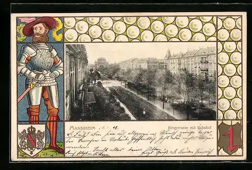 Passepartout-Lithographie Mannheim, Ringstrasse mit Bahnhof, Wappen