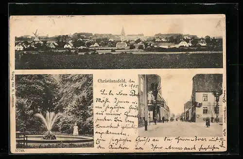 AK Christiansfeld, Park mt Springbrunnen, Blick in eine Strasse, Panorama