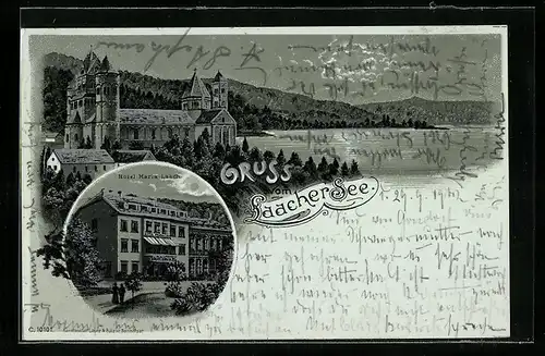 Lithographie Maria Laach, Hotel Maria Laach, Laacher See und Schloss