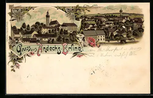 Lithographie Andechs-Erling, Ortsansichten aus der Vogelschau