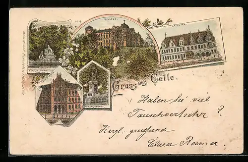 Lithographie Celle, Rathaus, Kriegerdenkmal, Realschule