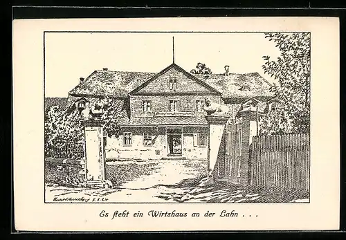 Künstler-AK Marburg /Lahn, Das historische Wirtshaus Schützenpfuhl an der Lahn, Bes. Heinr. Rautenhaus