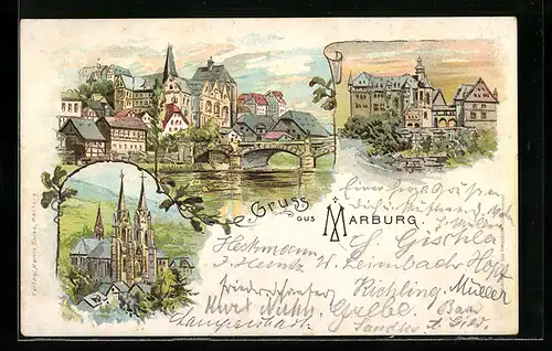 Lithographie Marburg, Wasserpartie mit Brücke und Elisabeth-Kirche