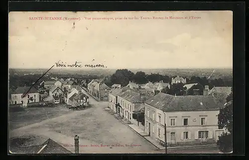 AK Sainte-Suzanne, Vue panoramique, prise de sur les Tours-Routes-de Montsurs et d`Evron