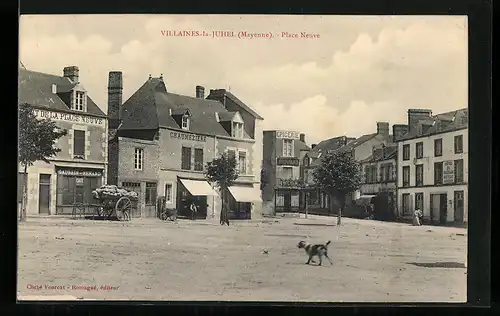 AK Villaines-la-Juhel, Place Neuve, Geschäfte und Hotel