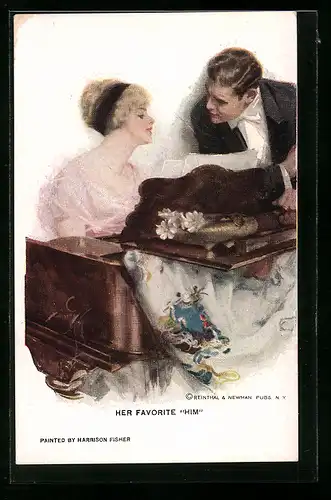 Künstler-AK Harrison Fisher: Frau spielt ihr Lieblingsstück am Klavier für ihn