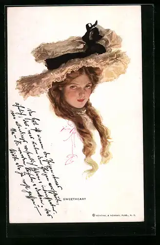 Künstler-AK Dame mit Zöpfen und ihrem sommerlichen Hut, Sweetheart