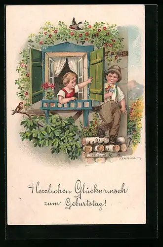 Künstler-AK Friedrich Kaskeline: Kleiner Junge mit Hut überrascht sein Mädchen mit Blumen vor dem Fenster