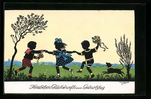 Künstler-AK Friedrich Kaskeline: Kleine Kinder tanzen fröhlich mit ihrem Hündchen über die Wiese, Schattenbild