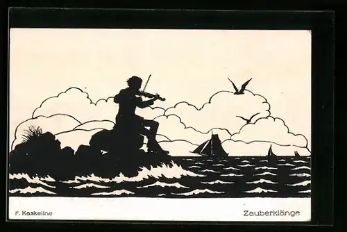 Künstler-AK Friedrich Kaskeline: Zauberklänge, Mann spielt am Meer auf den Felsen sitzend seine Geige, Schattenbild
