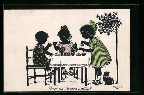 Künstler-AK Friedrich Kaskeline: Mädchen mit Katze beim Tee