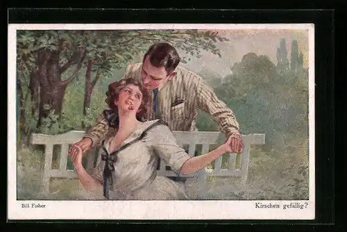 Künstler-AK Bill Fisher: Dame mit Kirschen im Mund flirtet mit dem jungen Mann im Park