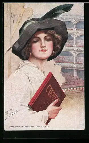 Künstler-AK Arthur Moreland: Dame mit dem Stück Carmen unterm Arm