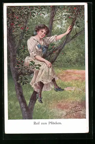 Künstler-AK Bill Fisher: Reif zum Pflücken, Hübsche junge Frau im Kleid sitzt auf Kirschbaum