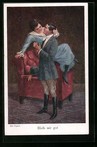Künstler-AK Bill Fisher: Bleib mir gut, Herr mit Dame am Sessel