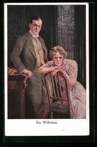 Künstler-AK Bill Fisher: Ein Wölkchen, Mann und Frau am Stuhl