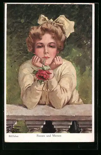 Künstler-AK Bill Fisher: Frau lehtn auf Geländer und hat Rose im Mund