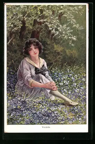 Künstler-AK Bill Fisher: Dame sitzt in Blumenwiese, Violets