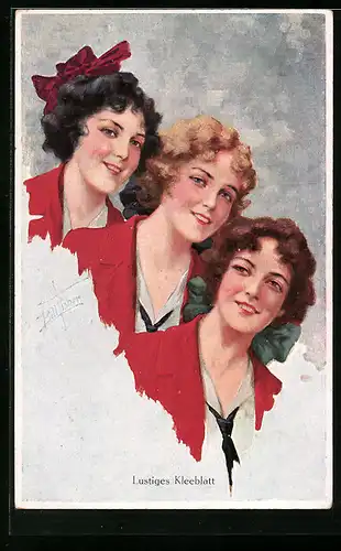 Künstler-AK Bill Fisher: Lustiges Kleeblatt, drei hübsche junge Frauen in roten Jacken