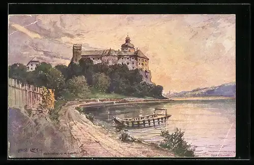 Künstler-AK Fritz Lach: Persenbeug a. Donau, Blick zum Schloss mit Boot