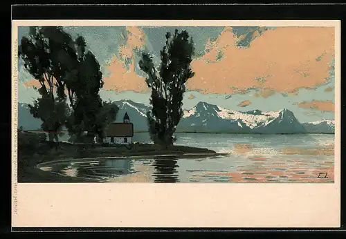 Künstler-AK Ernst Liebermann: Kirchlein umgeben von Bäumen an einem Ufer