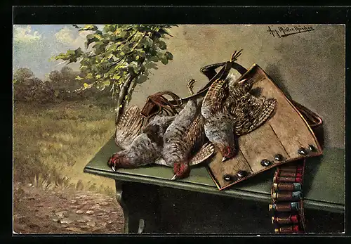Künstler-AK August Müller - München: Erlegte Rebhühner und Patronengurt, Jagdstillleben