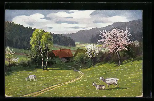 Künstler-AK Alfred Mailick: Fröhliche Pfingsten, Ziegen auf der Weide mit Kirschbaum