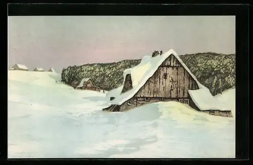 AK Grenzbauden im Riesengebirge im Abendlicht