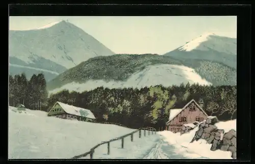 Künstler-AK Friedrich Iwan: Wolfshau mit Schneekoppe